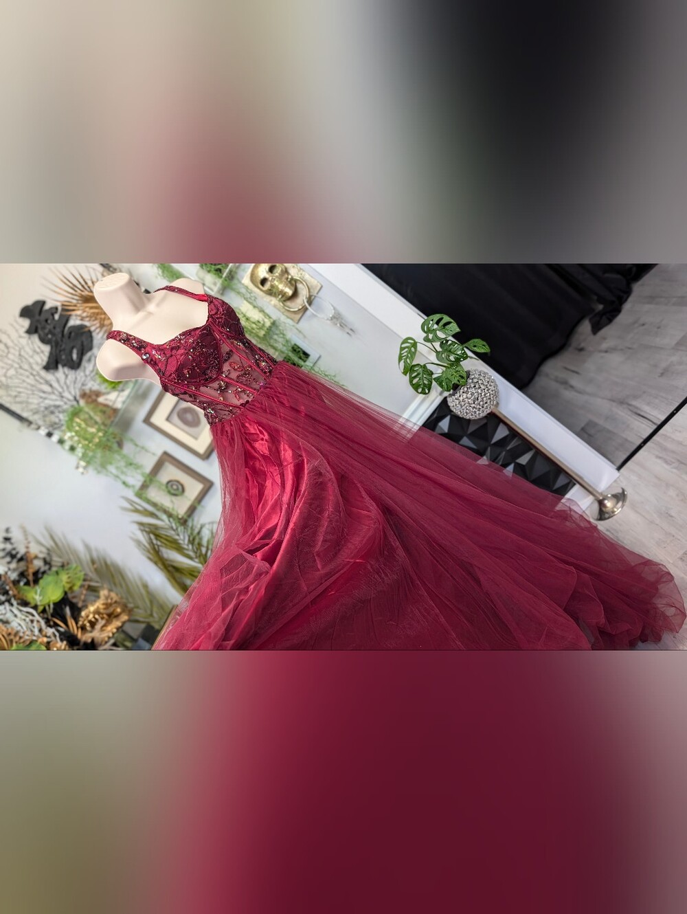 Faeriesty Maroon Metallic Tulle Beaded Bodice Corset Gown Maxi Fairy Dress LG